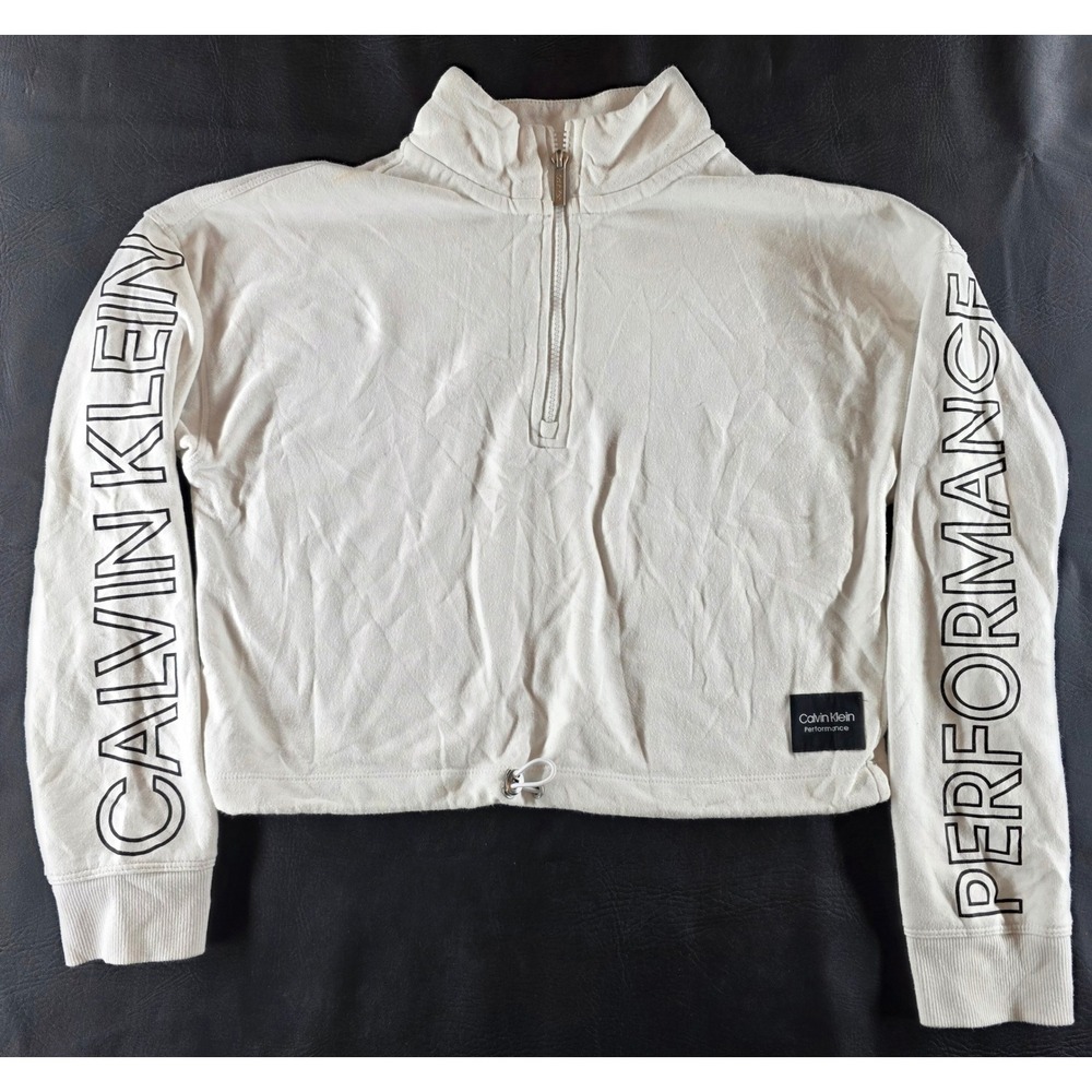 Calvin Klein Performance Womens White Logo Sleeve Cropped Quarter Zip Pullover S